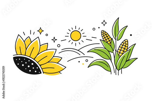 Sunflowers, cornfields, and agricultural beauty. Close-up editorial scene focusing on sunflower petals and corn leaves. Abstract decorative