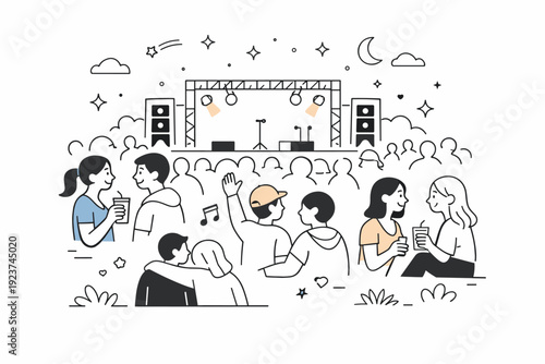 Open-air concerts crowds. End-of-concert moment where the crowd relaxes, some people chatting as music fades. Soft stars and light shapes