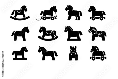 Wooden toy horse. Solid icon set of Wooden toy horse: classic rocking horse, pull-along horse, carved horse figure, wheeled toy horse,