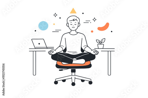 Desk meditation. A person uses a small cushion on office chair, hands in a relaxed position, abstract floating shapes and stars enhancing