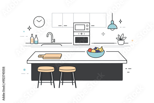 Modern decluttered kitchens. Kitchen island with only a bowl of fruit and a single cutting board, no visual noise. Sense of order, clarity,