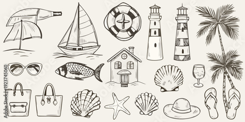 A collection of hand drawn nautical and beach themed illustrations