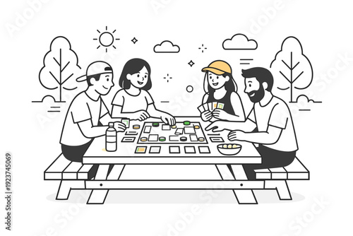 Outdoor board games with friends. Friends gathered at a picnic table, board game in progress with cards and tokens neatly arranged. Soft