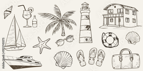 A collection of hand drawn summer vacation and seaside themed illustrations