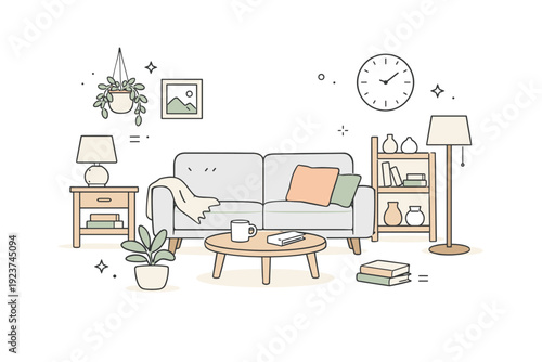 Muted color palettes. Interior scene with furniture and objects colored in soft, desaturated tones. Peaceful and understated home atmosphere