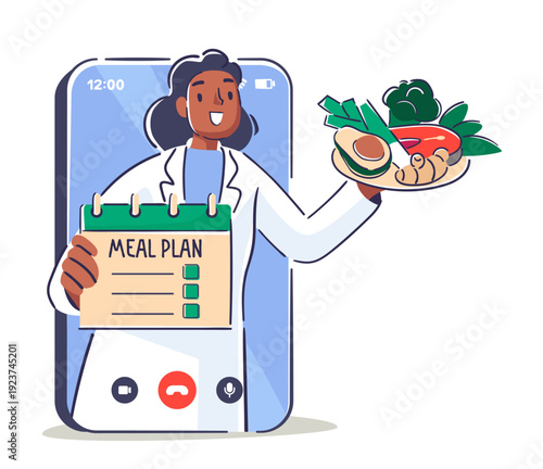 Doctor nutritionist healthcare professional character offering meal plan on smartphone screen