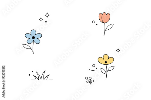 Modern floral minimalism. A sparse composition of abstract flower shapes gently spaced apart, focusing on negative space and visual balance. The illustration