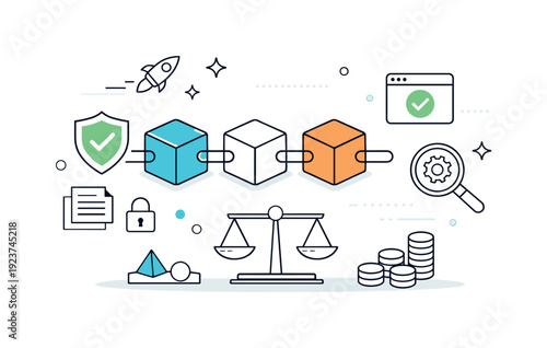 Blockchain technology concept with security, legal, and financial elements