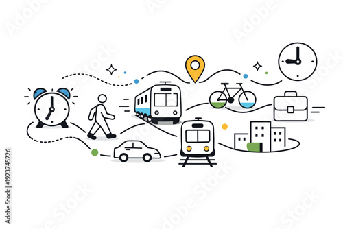 Commuting routine. Abstract composition of transport icons, paths, and time symbols connected into a smooth flow. Calm everyday rhythm and structured movement