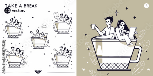 People enjoying tea in oversized cups whimsical vector illustration