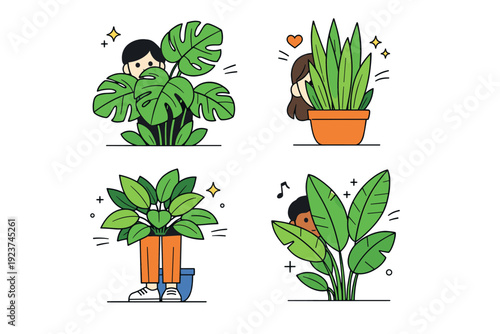 People behind plants. A person is partially hidden by large leaves or potted plants, with only part of the body or face visible. The scene
