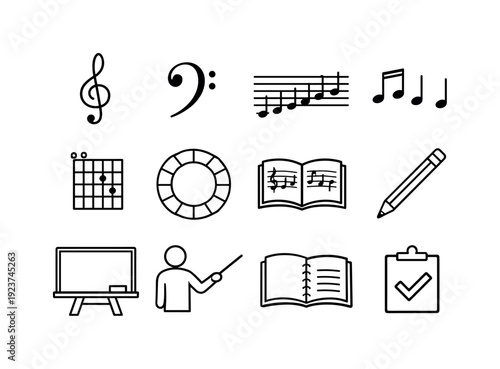 Music theory class. Line outline icon set of music theory class: treble clef, bass clef,