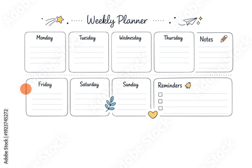 Minimalist Bullet Journal Layout. Weekly planning page. A clean bullet journal layout shows days of the week, notes, and small reminders in a structured,