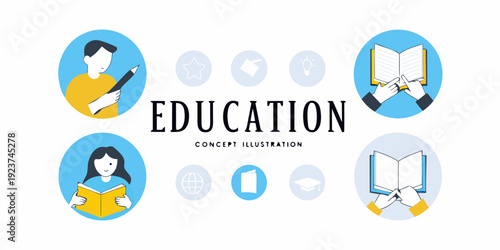 Illustration depicting education concepts with people books and icons