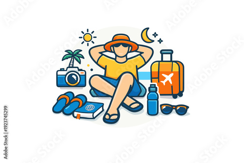 Mindful Vacation Icon. Vacation concept a person resting comfortably with travel accessories nearby, expressing ease, balance, and slow living. A modern visual