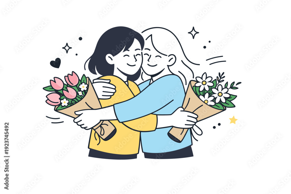 Obraz premium Women hugging with flowers. Two women meet and hug while exchanging flowers wrapped in simple paper. Gentle reunion, shared happiness in a quiet moment.