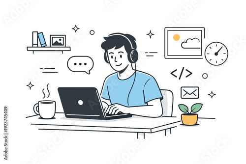 Remote software developer. A developer working from home with a laptop, coffee, and simple decor, showing modern remote tech lifestyle. The