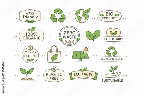 Eco-Friendly Branding Icons. Eco-friendly branding elements set. Simple icons, badges, and labels with sustainability symbols like leaves and recycling marks,