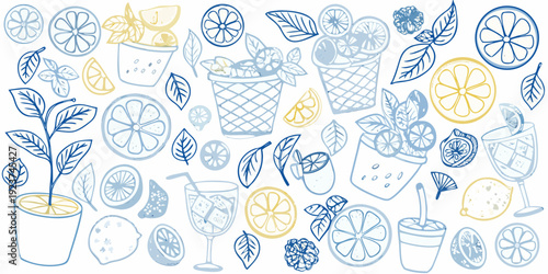 A colorful arrangement of citrus fruits leaves and drinkware sketches