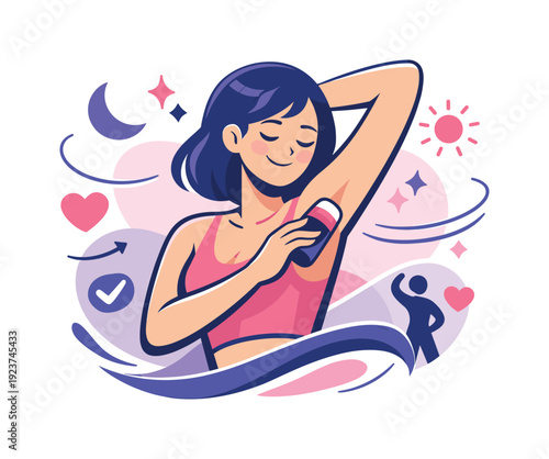 Self-care hygiene. Person applying deodorant or skincare, smooth curves and icons showing