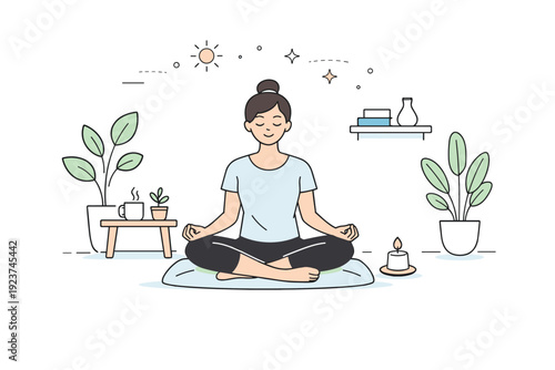 Mindful morning routines at home. Short meditation moment on the floor or chair, relaxed posture and closed eyes, minimal interior with plants, sense of
