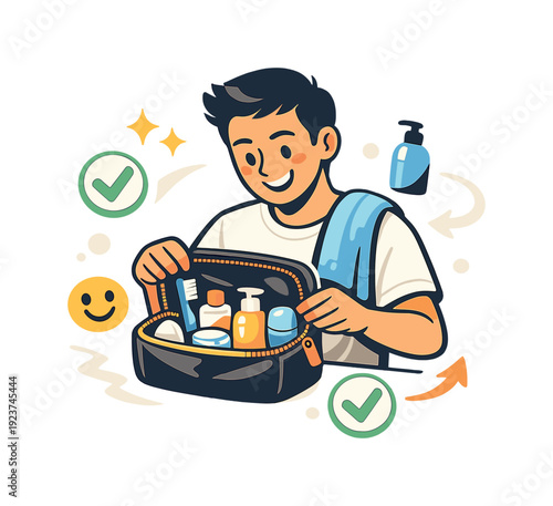 Daily self-care routine. Person opening a hygiene kit in the bathroom, smiling as essentials