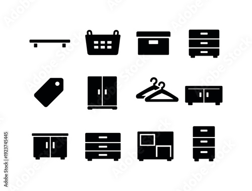 Minimalist home setup. Filled icon set of Minimalist home setup: shelf, basket, storage box,