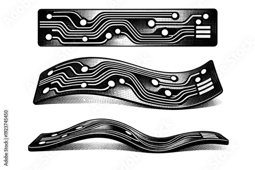 Circuit board pattern flexible circuit board with flowing trace paths and rounded edges, shown in flattened view, gently curved perspective,