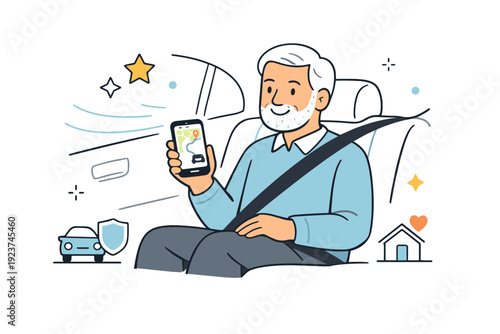 Seniors Ride-Share Ease. Seniors using ride-hailing apps. A senior sitting in a comfortable ride-share car with a phone displaying a navigation app, abstract