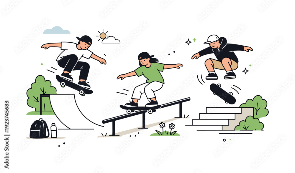 Fototapeta premium Diverse group of friends enjoying skateboarding tricks at a sunny outdoor skatepark