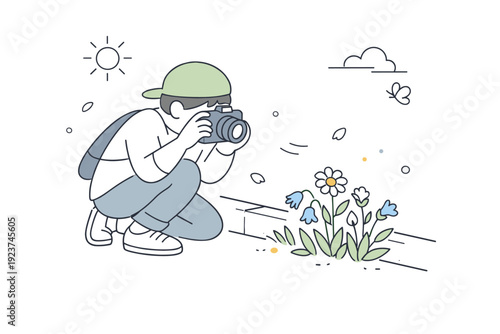 Capturing spring details. A person photographing flowers growing near sidewalks or walls, camera held close. Curiosity, texture, and gentle