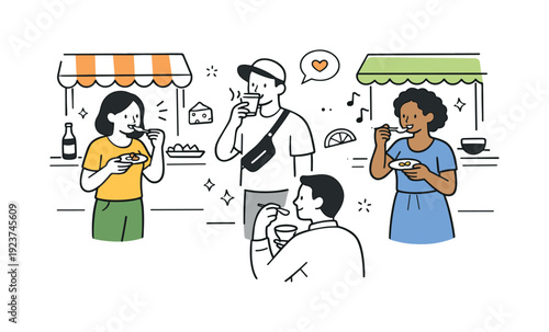Joyful Food Tasting. Food festival tasting moment. A simple scene with people sampling food from small plates or cups, standing near market stalls. The mood