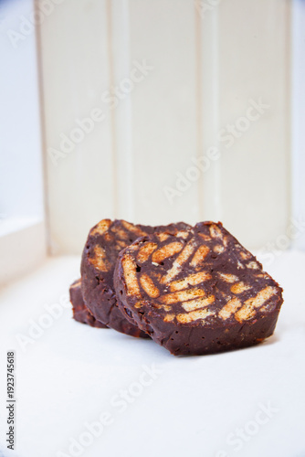 chocolate cake on a white plate