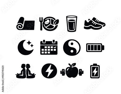 Balanced Lifestyle. Filled icon set of Balanced Lifestyle: yoga mat, healthy meal plate,