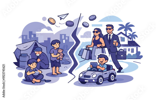 Juxtaposed Lives Illustrations. Poverty and wealth coexistence. Children and adults living side by side with