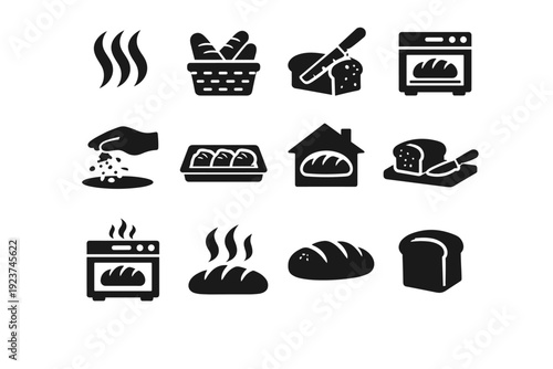 Fresh Bread Icons. Solid icon set of fresh bread icons: bakery steam, bread basket, bread knife, oven baked, flour dusting, bakery tray, home baked, cutting