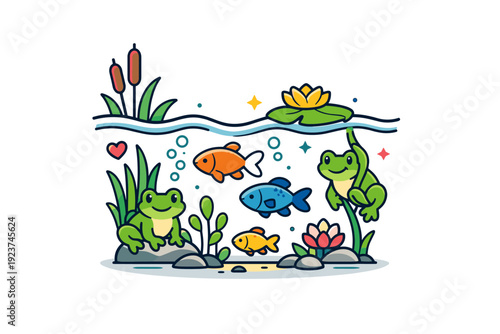 Pond life focused on frogs, fish, and aquatic plants interacting beneath the water surface. A friendly and educational visual metaphor of