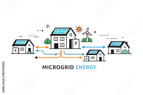 Microgrid energy objects residential. Icons of houses with rooftop solar panels, home batteries, and energy flow lines between them. Friendly