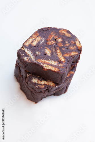 chocolate cake on white background