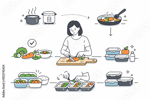 Step-by-step meal prep scene. Person following organized workflow with cutting board, utensils, and containers, serene and focused mood. Clean editorial visual