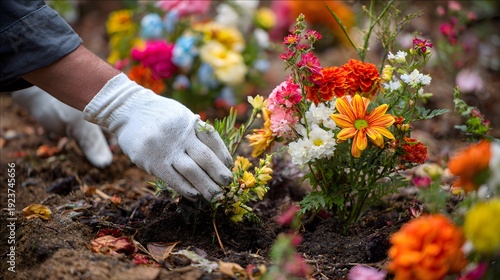 Autumn gravesite care with white-gloved hand planting colorful flowers before All Saints Day