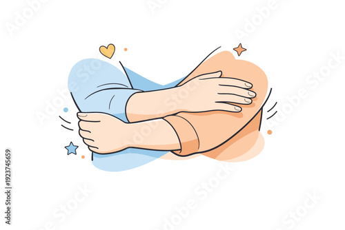 Comforting embrace detail. Close-up of crossed arms and hands during a soft hug, emphasizing touch and presence. Peaceful bonding and