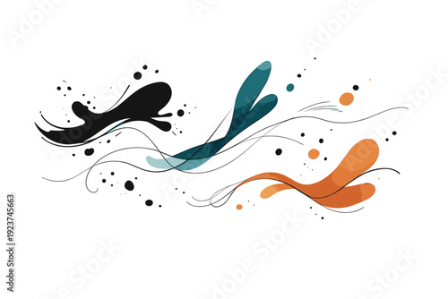 Creative ink splash composition. Flowing ink strokes and scattered drops forming a balanced abstract background. Calm artistic mood suitable