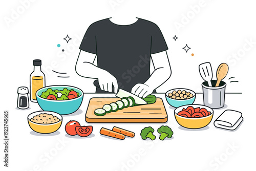 Healthy meal prep cooking. A person chopping vegetables on a cutting board with bowls and simple kitchen tools nearby. The scene conveys focus, routine, and