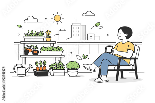 Completed micro-garden on a balcony. Lush small plants arranged neatly, person relaxing nearby with a cup, harmony between city life and nature. Minimalist
