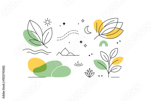 Graphic design trends nature inspired design example. Abstract leaves, organic shapes, and flowing lines forming a calm composition. Natural