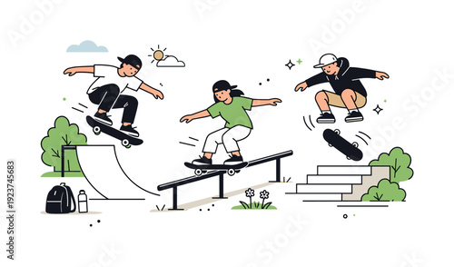 Diverse group of friends enjoying skateboarding tricks at a sunny outdoor skatepark