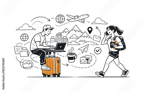 Work and Travel. Laptop balanced on a suitcase, coffee cup floating nearby, a city skyline