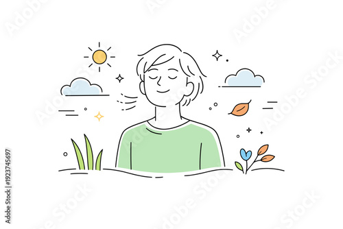 Seasonal reset feelings. A person taking a slow breath outdoors, eyes closed, relaxed shoulders. Internal reset, quiet alignment with the