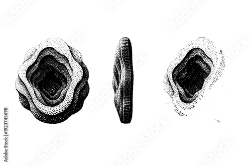 Layered dot gradient wallpaper tile represented as one abstract density-based pattern object shown in three views: front view, side view, and three-quarter